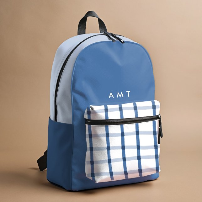 Blue Gingham Karierte Personalisierte Namen Initia Bedruckter Rucksack (Blue and white hand-drawn plaid personalized school backpack.)