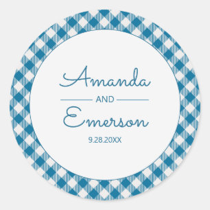 Blue Gingham Karo Fun Lässig Custom Wedding Gefall Runder Aufkleber
