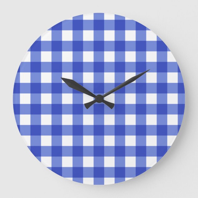 Blue Gingham Karo Große Wanduhr (Vorderseite)