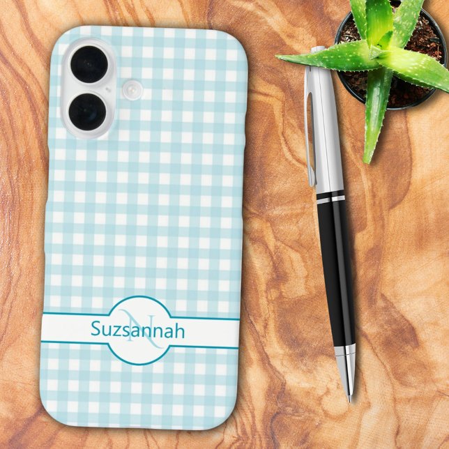 Blue Gingham Karo Mit Monogramm Custom Case Mate (iPhone case back with template name and monogram)