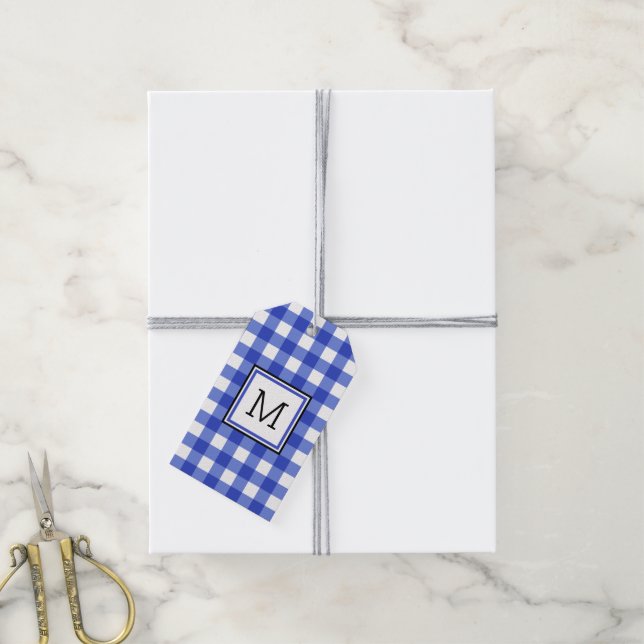 Blue Gingham Karo Monogram Geschenkanhänger (Mit Garn)