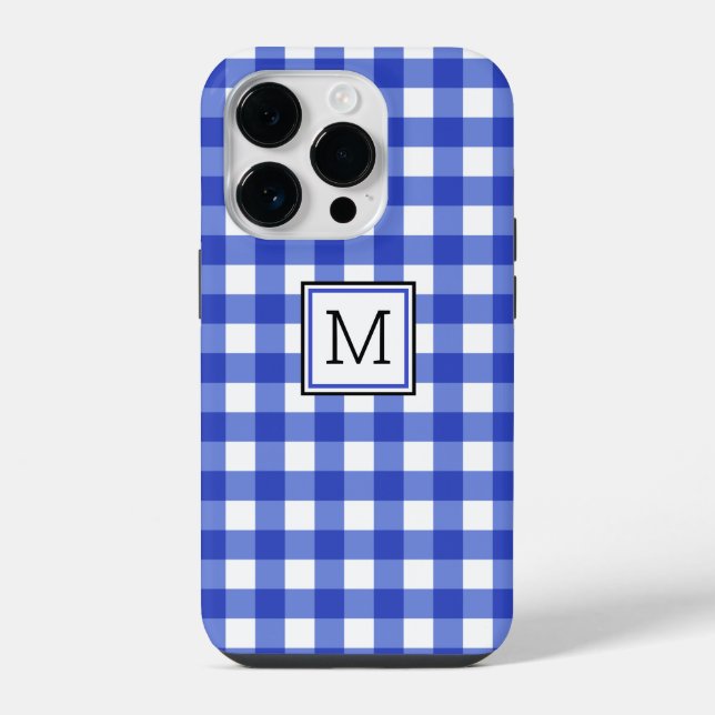 Blue Gingham Karo Monogram iPhone Hülle (Rückseite)