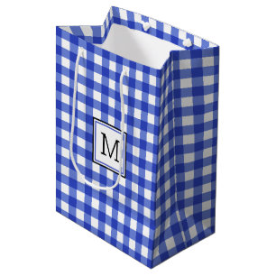 Blue Gingham Karo Monogram Mittlere Geschenktasche Geschenktüte