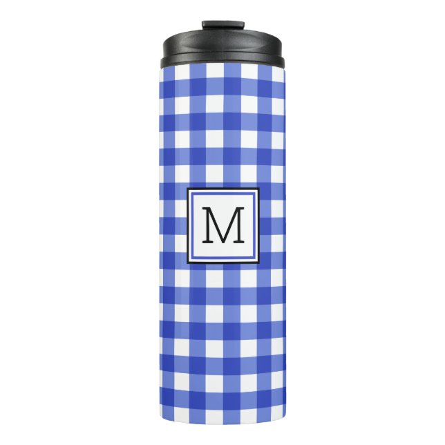 Blue Gingham Karo Monogram Thermal Tumbler Thermosbecher (Vorderseite)