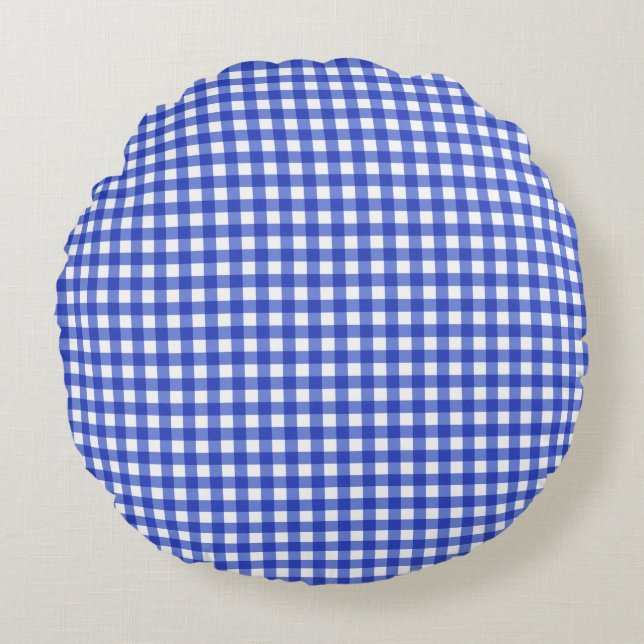 Blue Gingham Karo Rundes Kissen (Vorderseite)