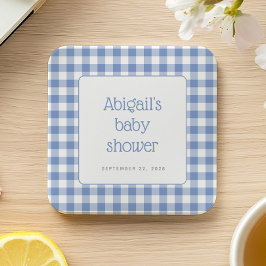 Blue Gingham Karo Rustic Boys Baby Showroom Rechteckiger Pappuntersetzer
