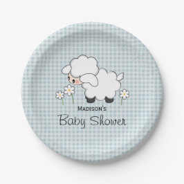 Blue Gingham Lamb Baby Boy Dusche Pappteller