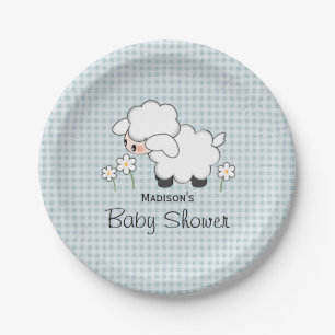 Blue Gingham Lamb Baby Boy Dusche Pappteller