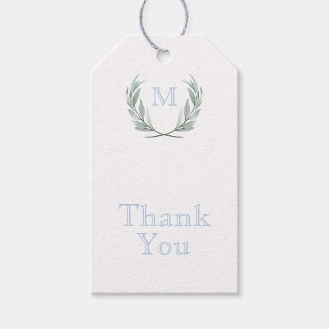 Blue Gingham Laurel Wappen Danke Tags Geschenkanhänger (Vorderseite)