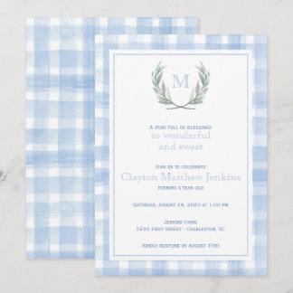 Blue Gingham Laurel Wappen First Birthday Einladung