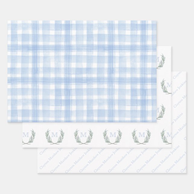 Blue Gingham Laurel Wappen Geschenkpapier Set (Set)