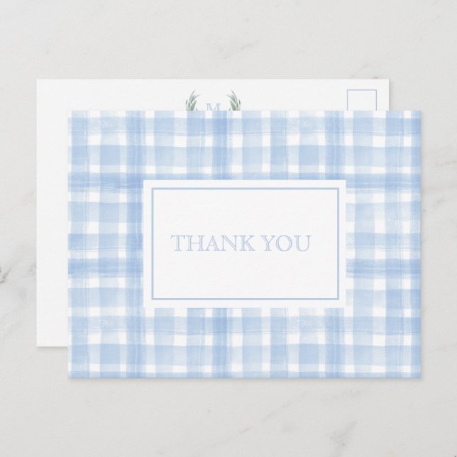 Blue Gingham Laurel Wappen Vielen Dank Postkarte (Vorne/Hinten)