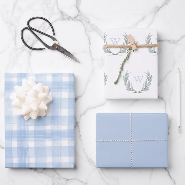 Blue Gingham Laurel Wappen Wrapping Paper Sheets Geschenkpapier Set (Vorderseite)