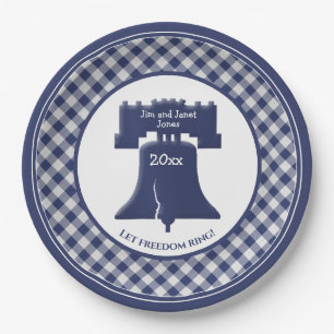 Blue Gingham Liberty Bell Lasse Freiheitsring Pappteller