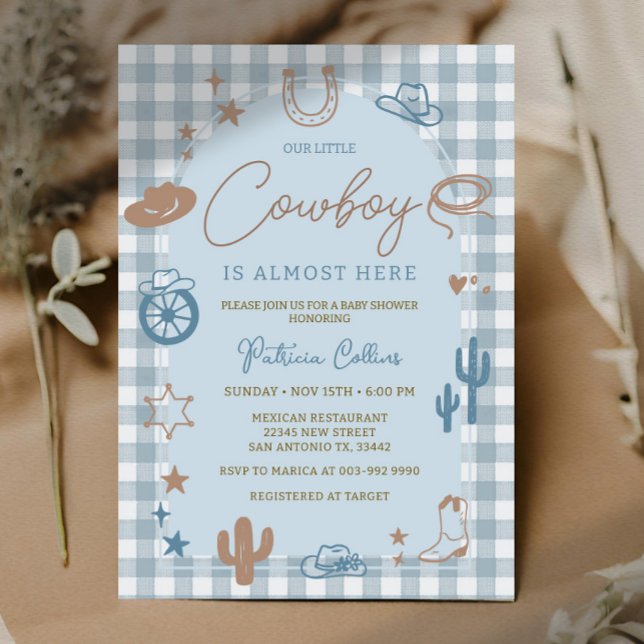 Blue Gingham Little Cowboy Wild West Baby Shower Einladung (Von Creator hochgeladen)