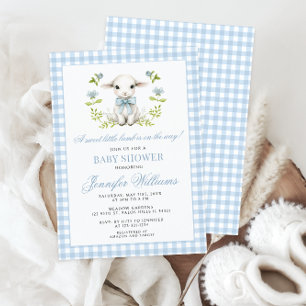 Blue Gingham Little Lamb Baby Boy Dusche Einladung