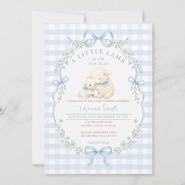 Blue Gingham Little Lamb Baby Shower Invitation Einladung (Vorderseite)