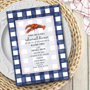 Blue Gingham Lobster Hochzeit Probe Dinner Einladung