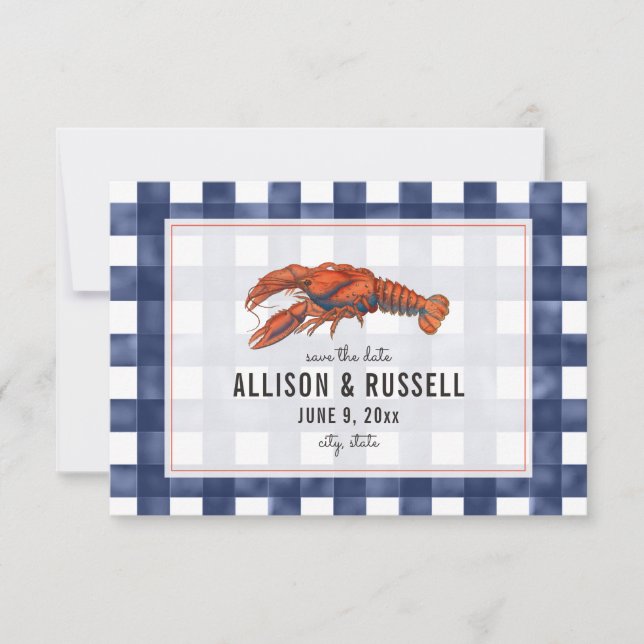 Blue Gingham Lobster Rustikale Hochzeit rettet das Save The Date (Vorderseite)