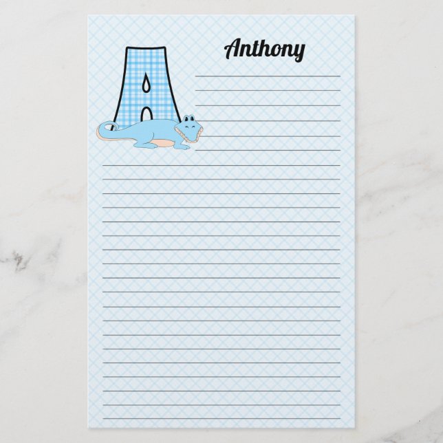 Blue Gingham mit Letter A für Jungen Briefpapier (Vorderseite)