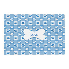Blue Gingham mit Paw Prints und Bone Pet Laminiertes Tischset