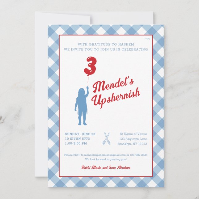 Blue Gingham mit Red Balloon Upsherin Foto Einladung (Vorderseite)