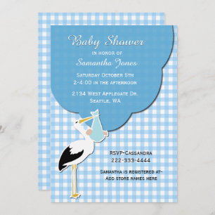 Blue Gingham mit Stork Baby Dusche Einladung