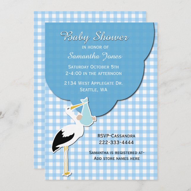 Blue Gingham mit Stork Baby Shower Einladung (Vorne/Hinten)