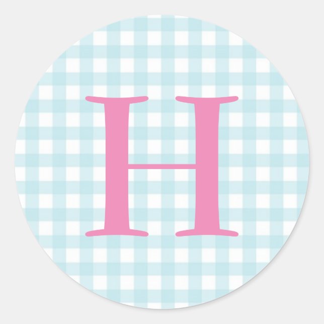 Blue Gingham Monogram Runder Aufkleber (Vorderseite)