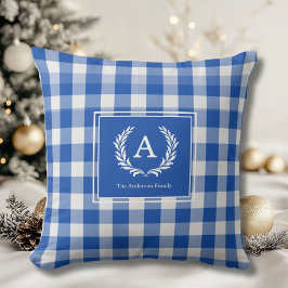 Blue Gingham Monogram Wappen Kissen