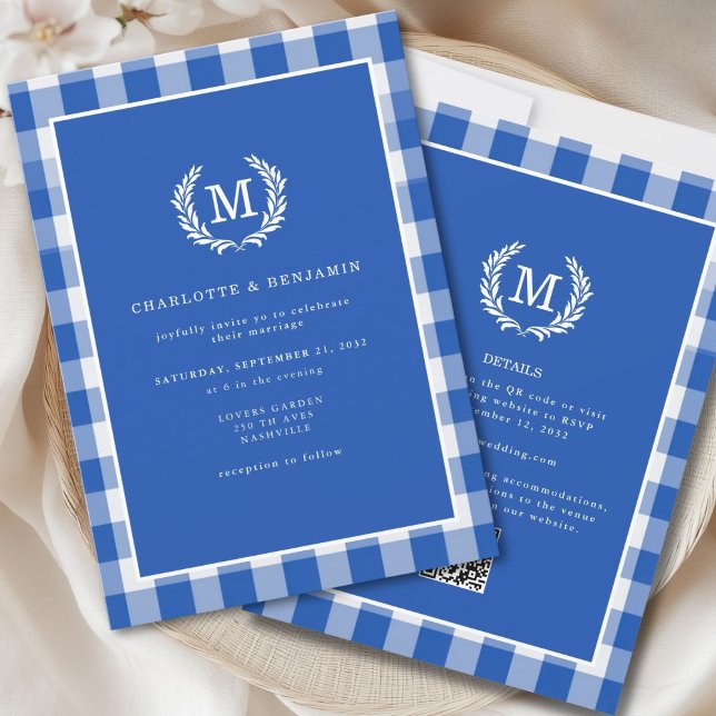 Blue Gingham Monogram Wappen QR Code Einladung (Blue Gingham Monogram Crest QR Code Invitation for Details and RSVP. )