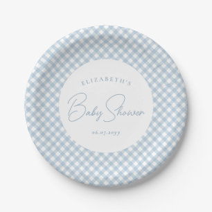Blue Gingham niedliche, personalisierte Babydusche Pappteller
