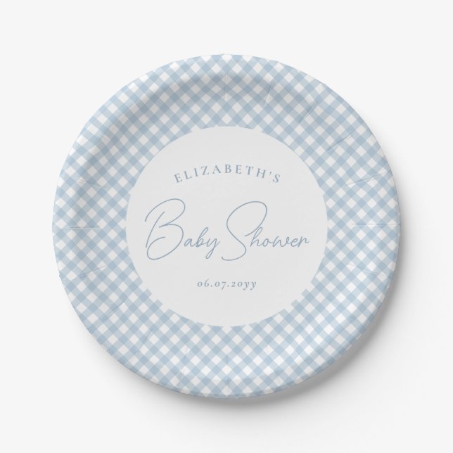 Blue Gingham niedliche, personalisierte Babydusche Pappteller (Vorderseite)