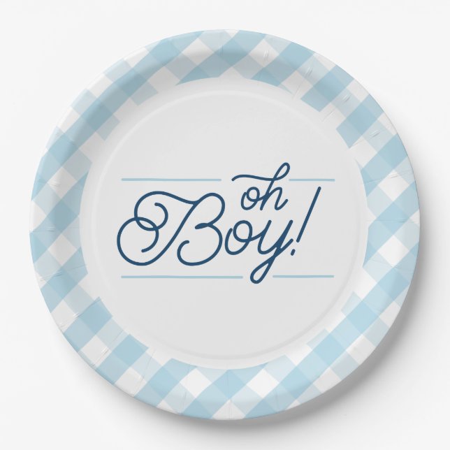 Blue Gingham "Oh Boy" Baby Showpaper Teller (Vorderseite)