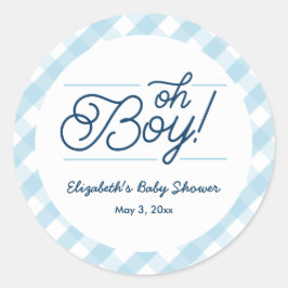 Blue Gingham "Oh Boy" Babyaufkleber Runder Aufkleber