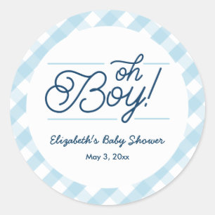 Blue Gingham "Oh Boy" Babyaufkleber Runder Aufkleber