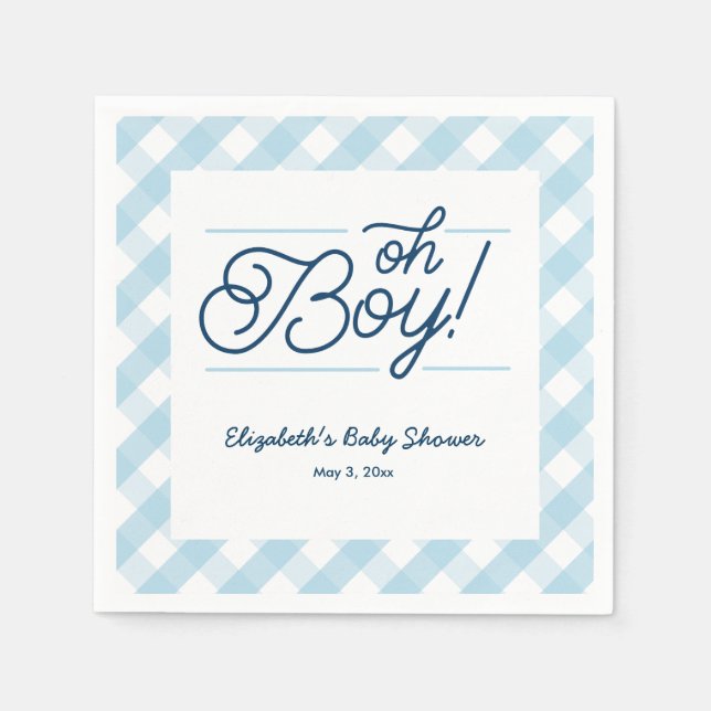Blue Gingham "Oh Boy" Babydusche Napkins Serviette (Vorderseite)