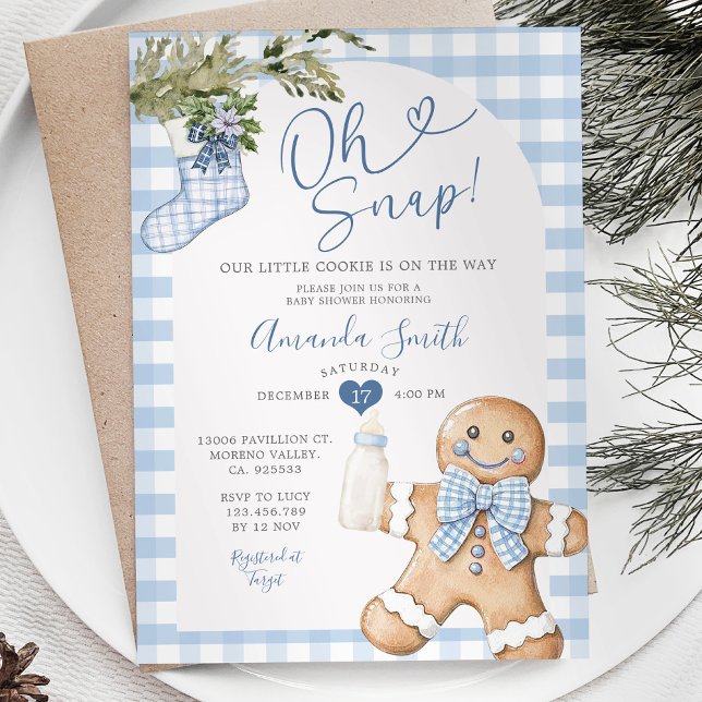 Blue Gingham Oh Snap Weihnachtsjunge Babydusche Einladung (Von Creator hochgeladen)