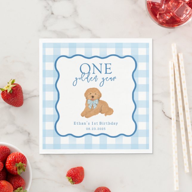 Blue Gingham One Golden Year Boys First Birthday Serviette (Beispiel)