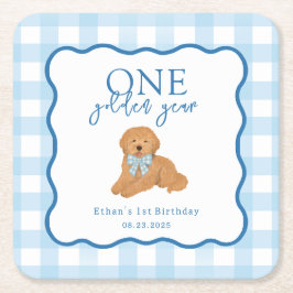 Blue Gingham One Golden Year First Birthday Rechteckiger Pappuntersetzer