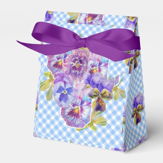Blue Gingham Pansy Floral Wedding Cake Favor Geschenkschachtel (Vorderseite)