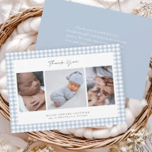 Blue Gingham Pattern Boys 3 Photo Thank You Card