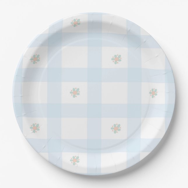 Blue Gingham Pattern florale CartoonParty-Lieferun Pappteller (Vorderseite)