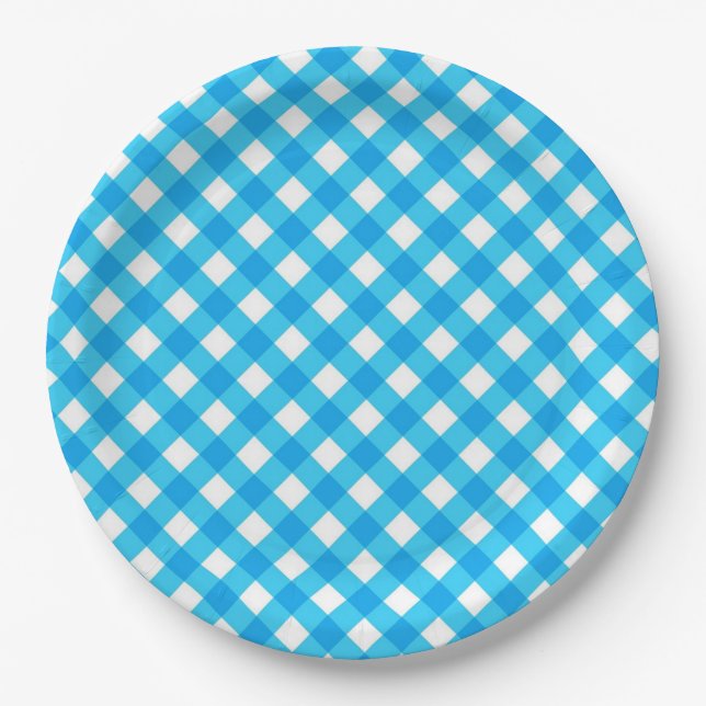 Blue Gingham Pattern Pappteller (Vorderseite)
