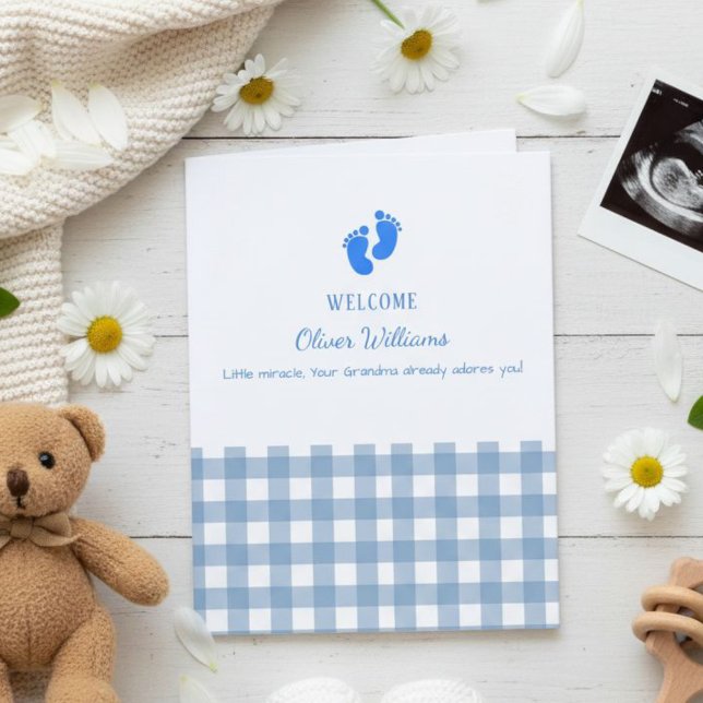 Blue Gingham Personalized Baby Welcome Card  Karte (Von Creator hochgeladen)