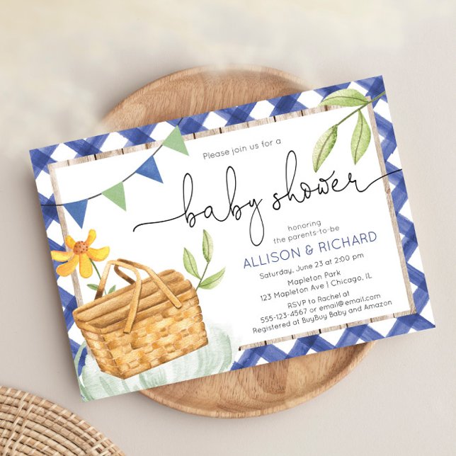 Blue Gingham Picnic Baby Dusche Picnic im Park Einladung (Von Creator hochgeladen)