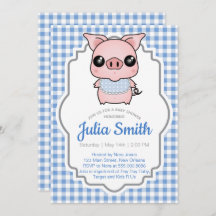 Blue Gingham Piggy Baby Dusche Einladung