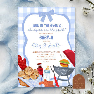 Blue Gingham Plaid BabyQ baby shower Invitation Einladung