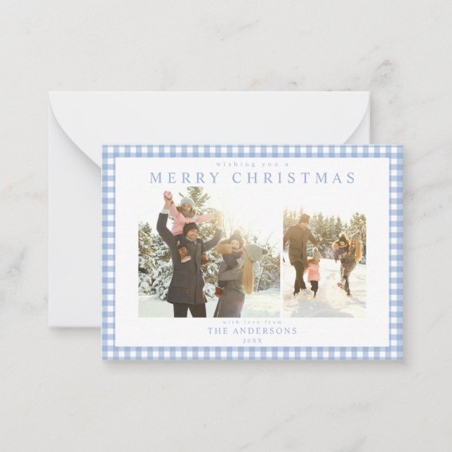 Blue Gingham Plaid Two Photo Mini Holiday Card Mitteilungskarte (Vorderseite)