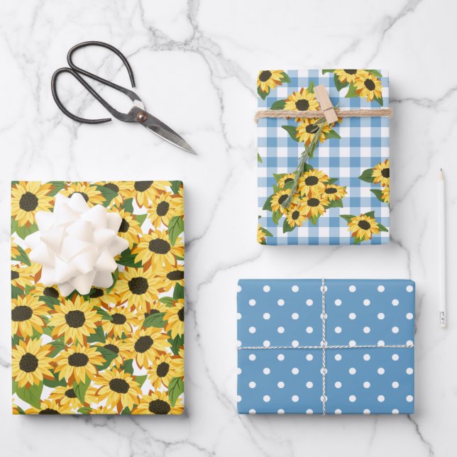 Blue Gingham Polka Dots Sonnenblumen Blumenmuster Geschenkpapier Set (Vorderseite)